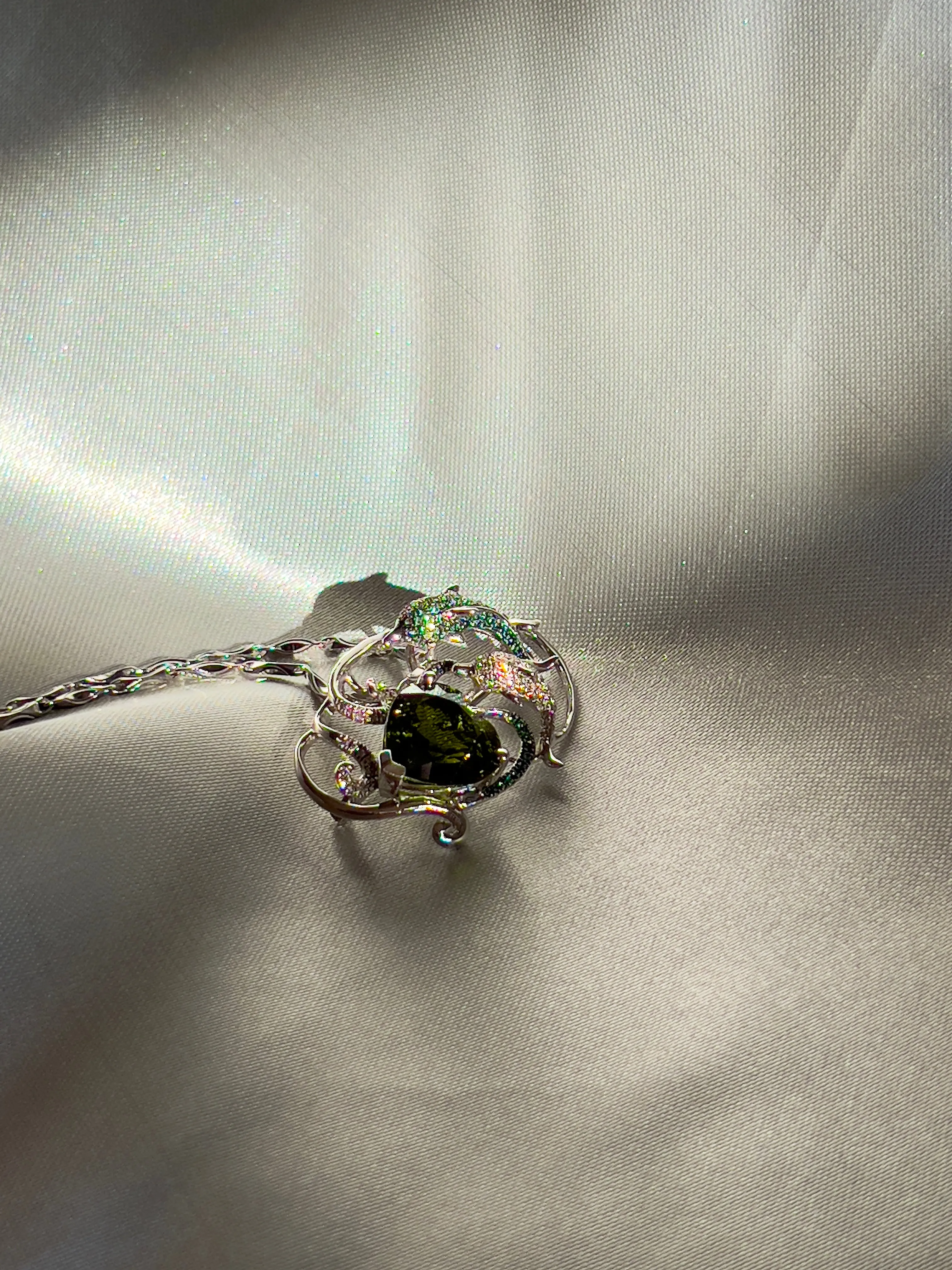 Natural 7.5Ct Green Tourmaline with Tsavorite and Diamond Dolphins Pendant Brooch in 18K White Gold
