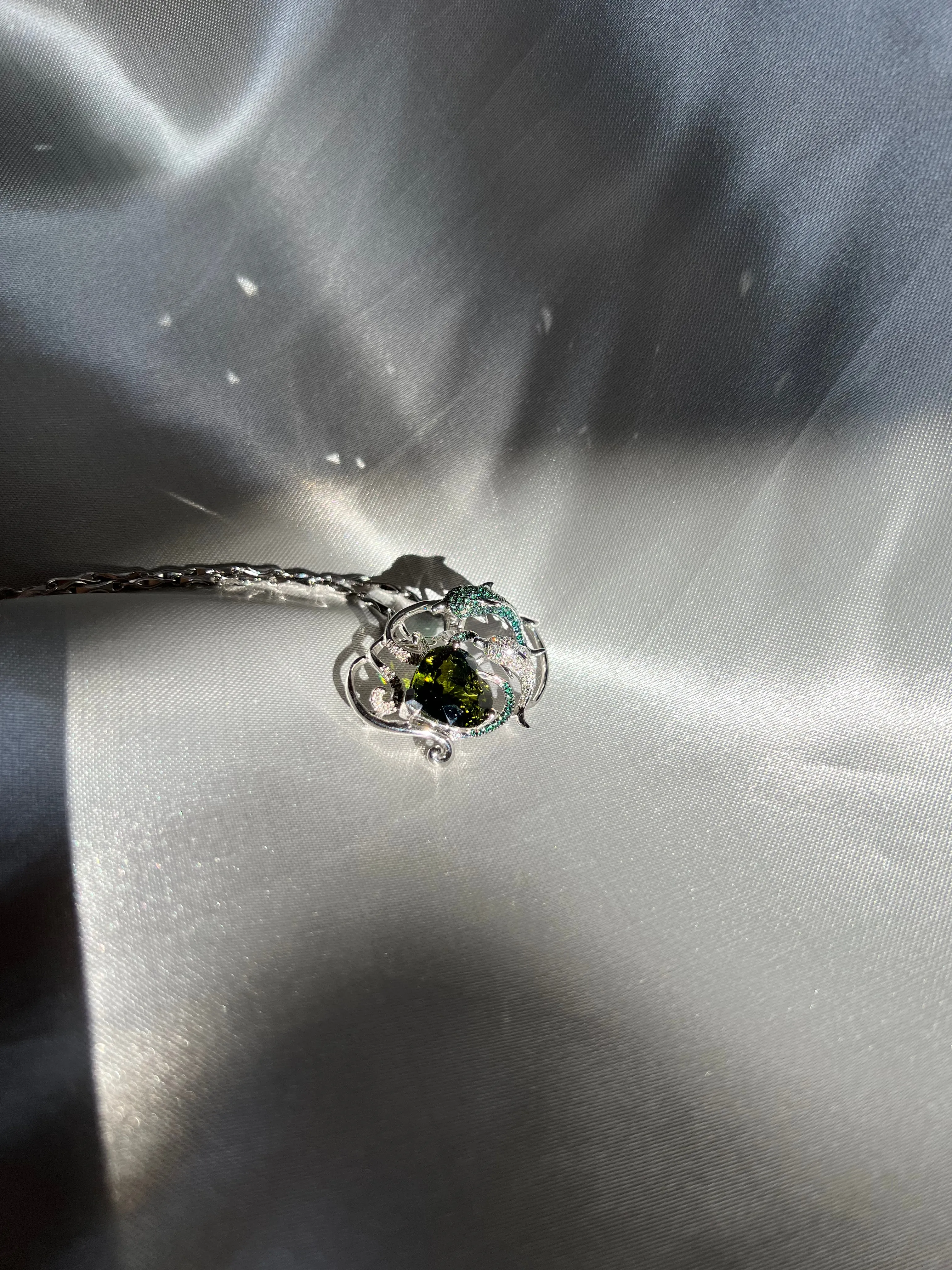 Natural 7.5Ct Green Tourmaline with Tsavorite and Diamond Dolphins Pendant Brooch in 18K White Gold