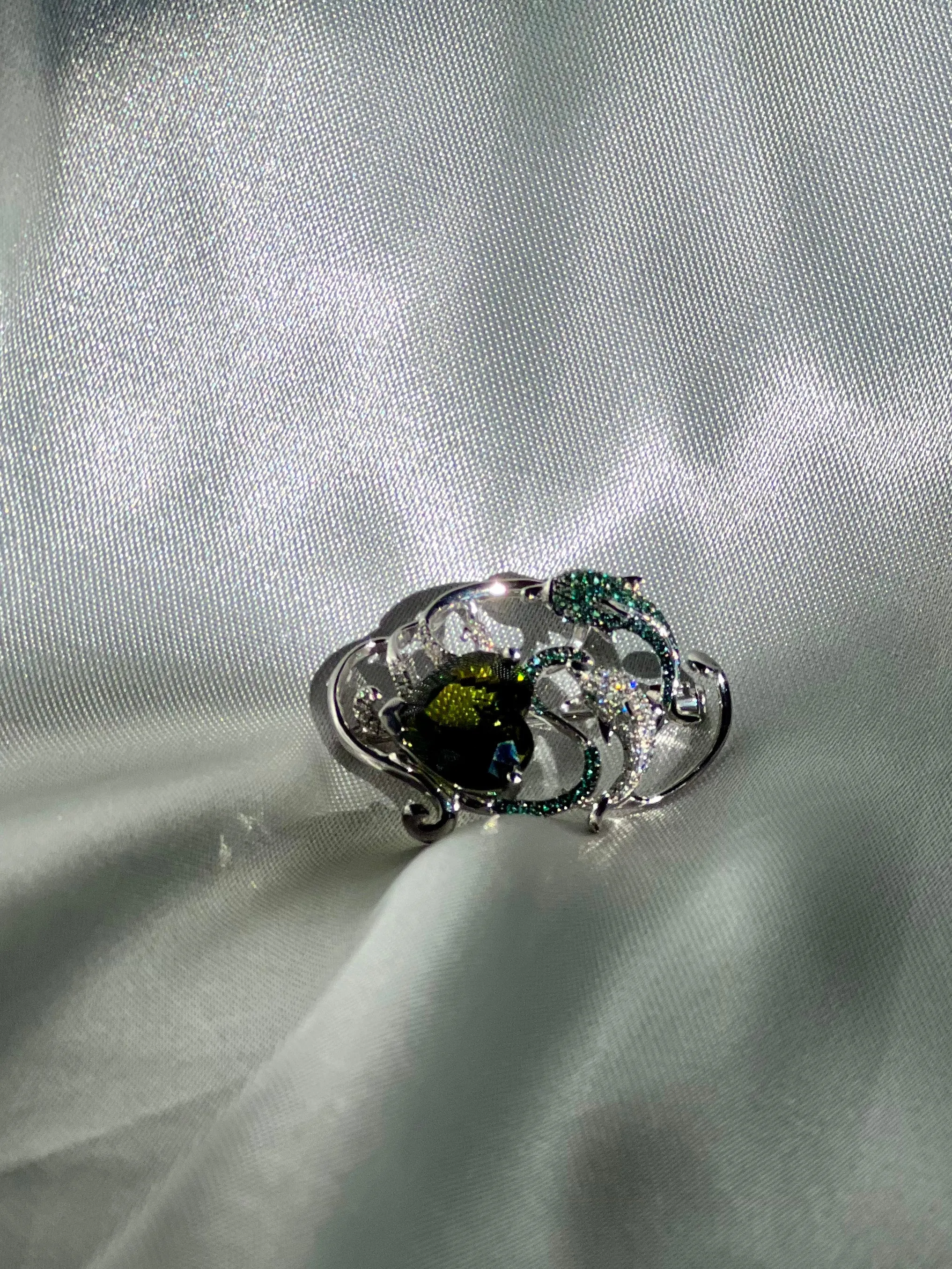 Natural 7.5Ct Green Tourmaline with Tsavorite and Diamond Dolphins Pendant Brooch in 18K White Gold