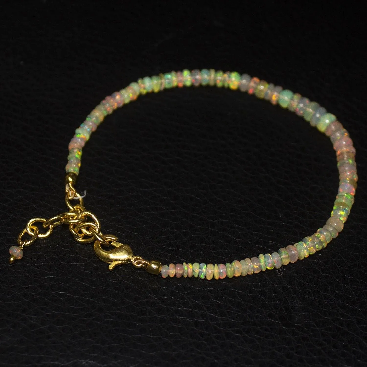 Natural Fire Ethiopian Opal Smooth Rondelle Gold Vermeil Bracelet 3mm 5mm 9"