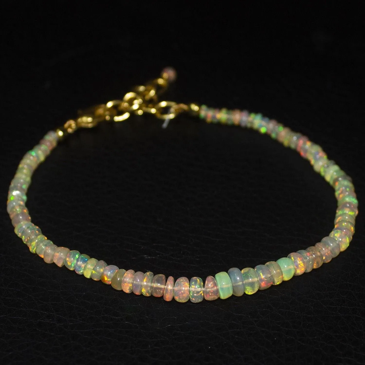 Natural Fire Ethiopian Opal Smooth Rondelle Gold Vermeil Bracelet 3mm 5mm 9"