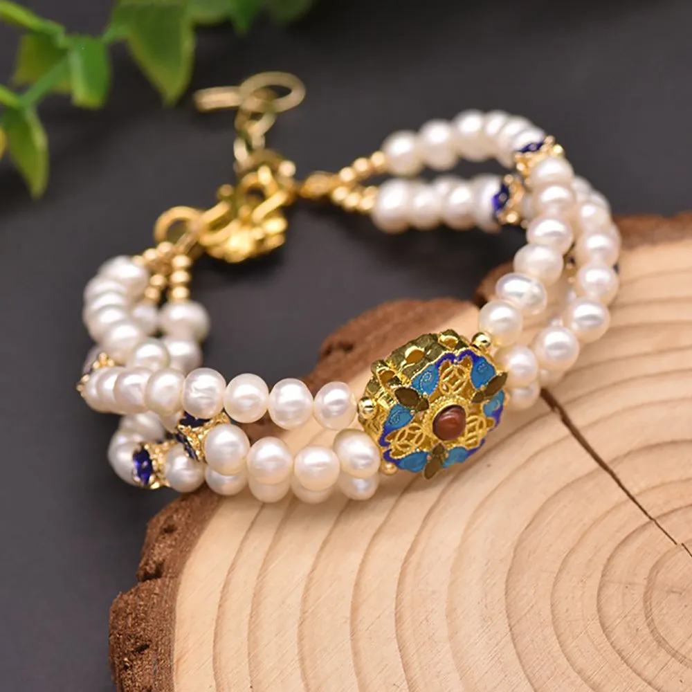 Natural Freshwater Pearl Bracelet Cloisonne Bangle Women Fashion Retro Jewelry