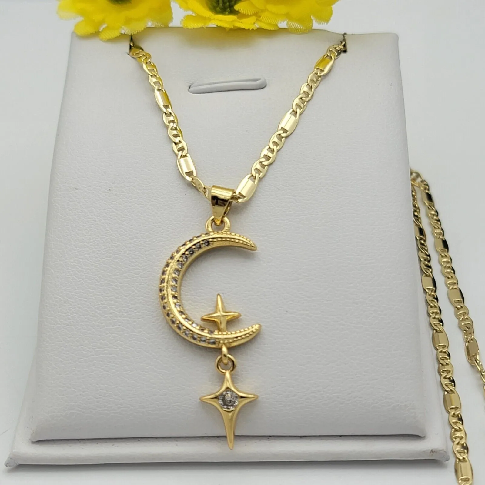Necklaces - 14K Gold Plated. Moon & hanging shining stars Pendant & Chain. Galaxy Cosmic
