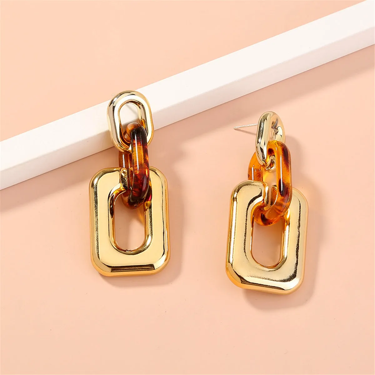 Orange & 18K Gold-Plated Link Rectangle Drop Earrings