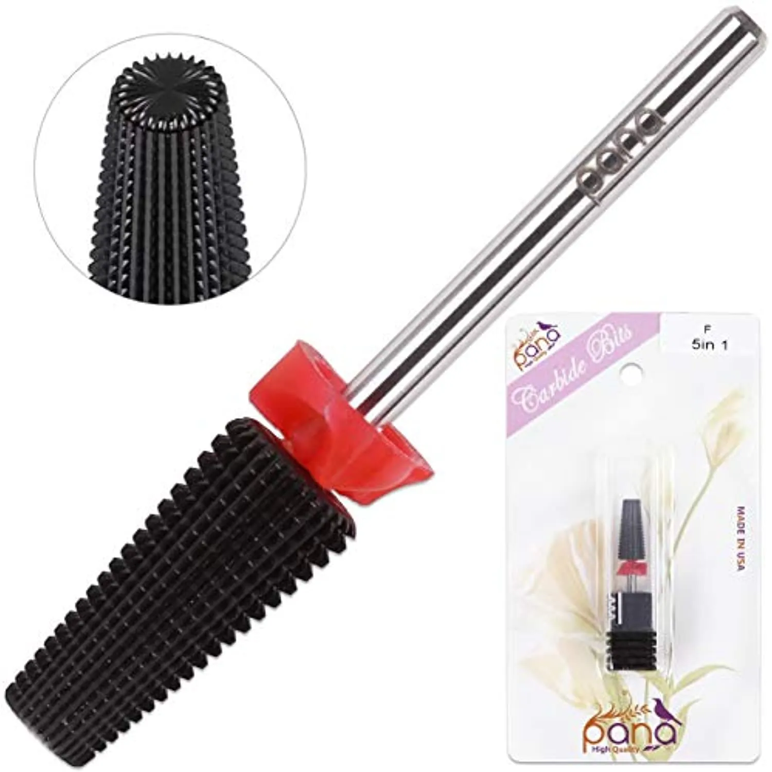 PANA Nail Carbide 5 in 1 Bit - Two Way Rotate use for Both Left and Right Handed - Fast remove Acrylic or Hard Gel - 3/32" Shank - Manicure, Nail Art, Drill Machine (Fine - F, Black)