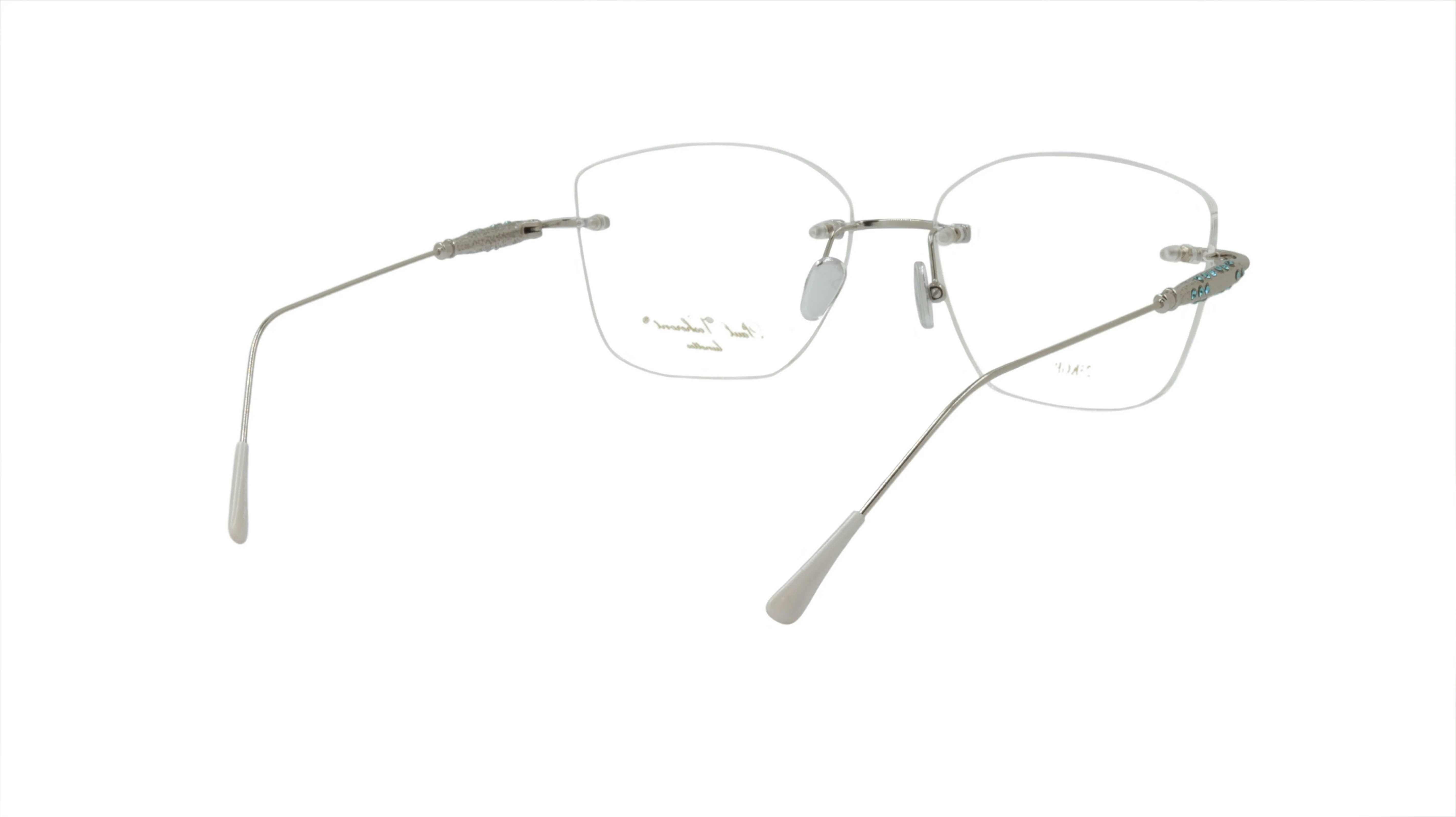 Paul Vosheront Soft Rectangle Silver Metal Optical Eyeframes with Blue Gems