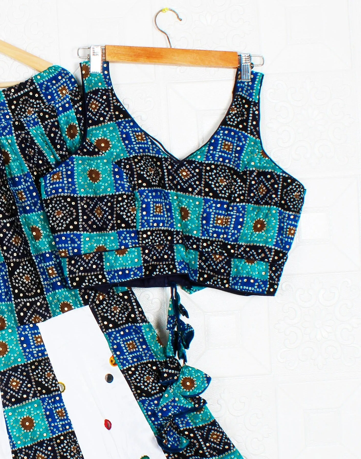 Peacock Blue and White Gujarati Chaniya Choli/Lehenga Dress with Multicolor Shining, Dandiya Dress, Navratri Dress, Garba Dress