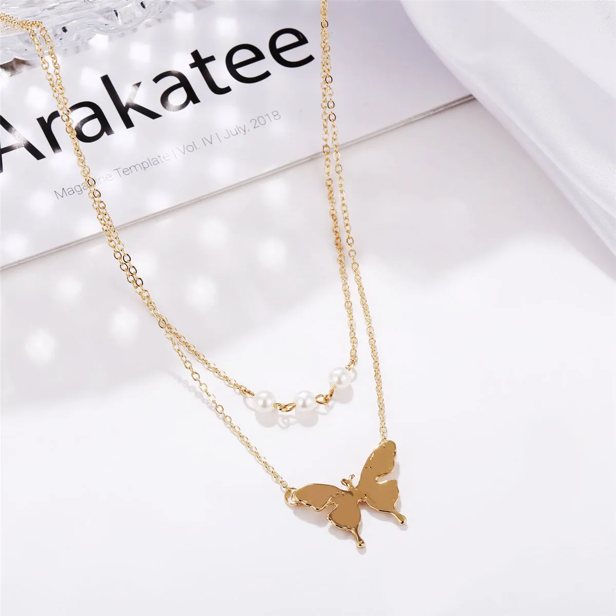 Pearl & 18K Gold-Plated Butterfly Dual-Chain Pendant Necklace