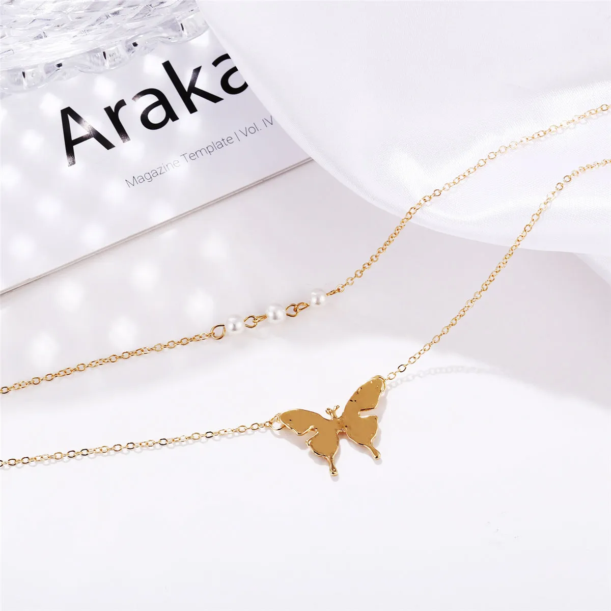 Pearl & 18K Gold-Plated Butterfly Dual-Chain Pendant Necklace