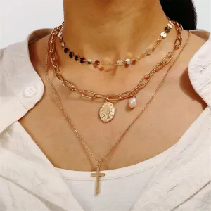 Pearl & 18K Gold-Plated Cross Layered Pendant Necklace