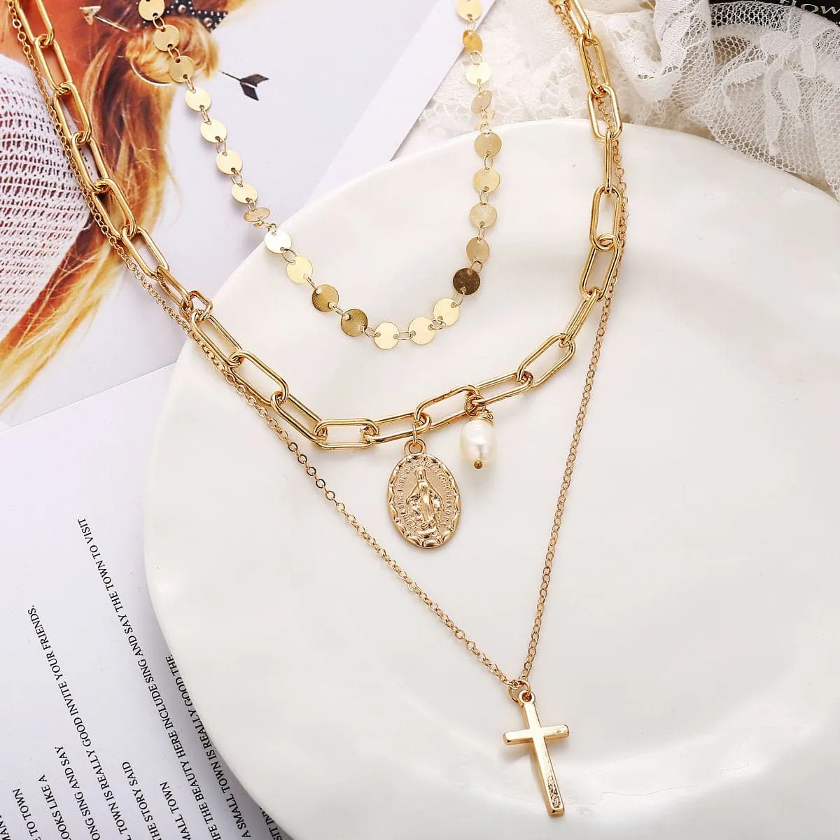 Pearl & 18K Gold-Plated Cross Layered Pendant Necklace