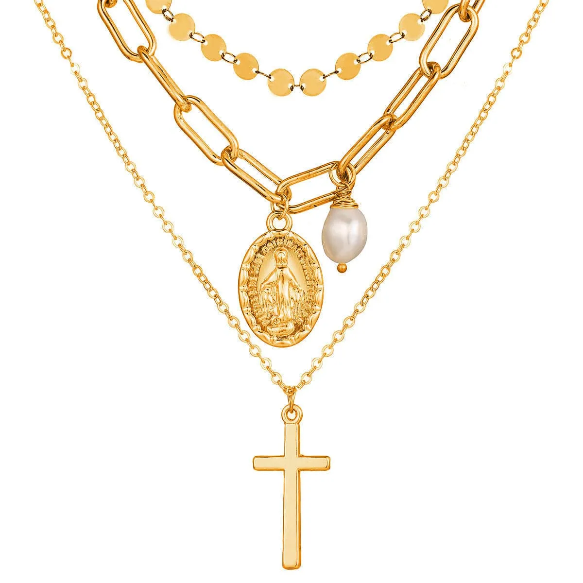 Pearl & 18K Gold-Plated Cross Layered Pendant Necklace
