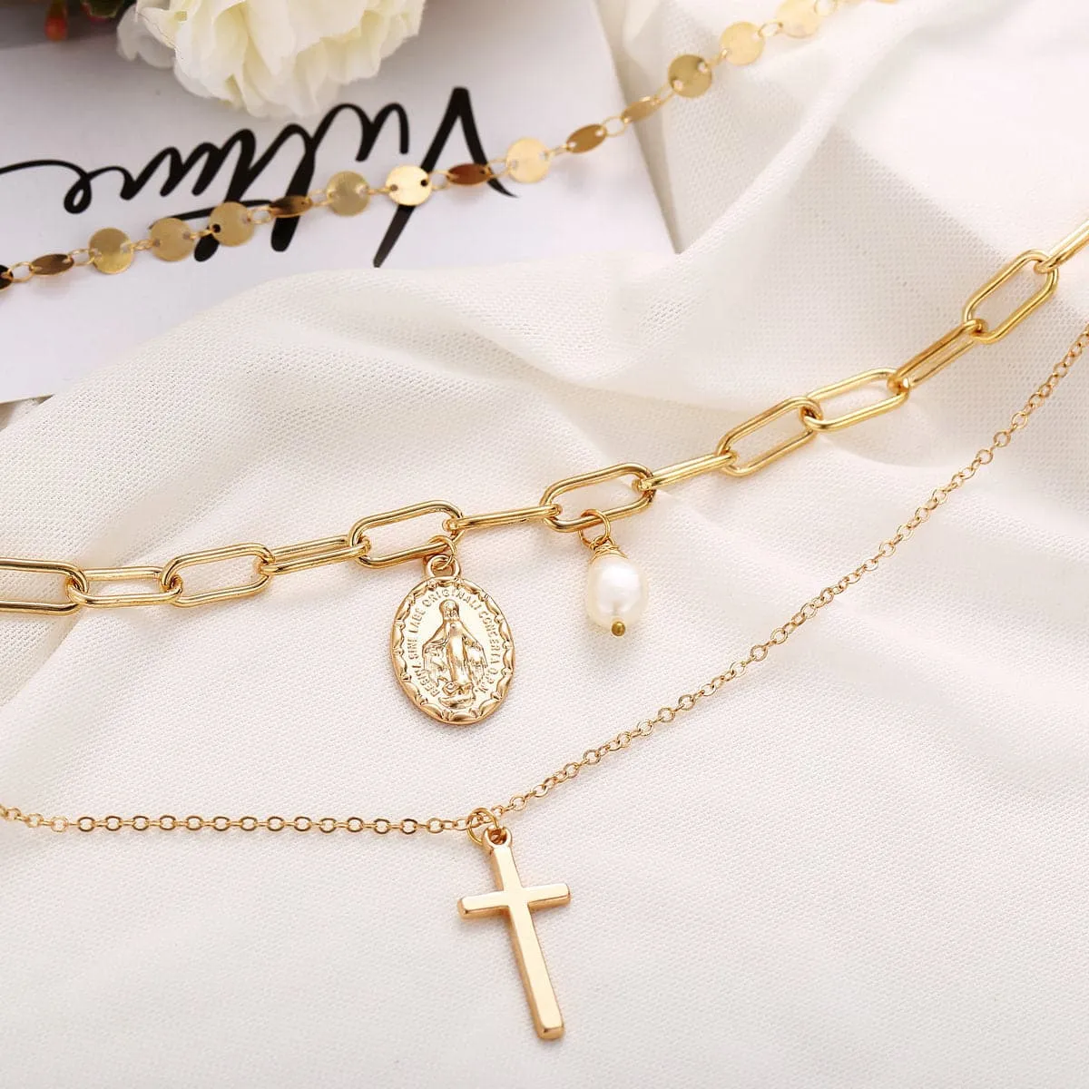 Pearl & 18K Gold-Plated Cross Layered Pendant Necklace