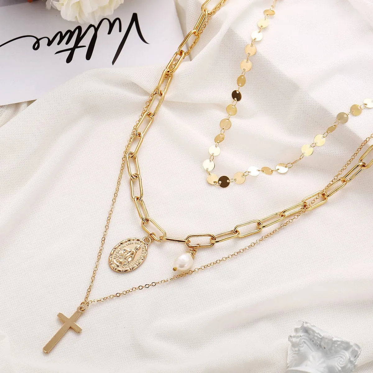 Pearl & 18K Gold-Plated Cross Layered Pendant Necklace