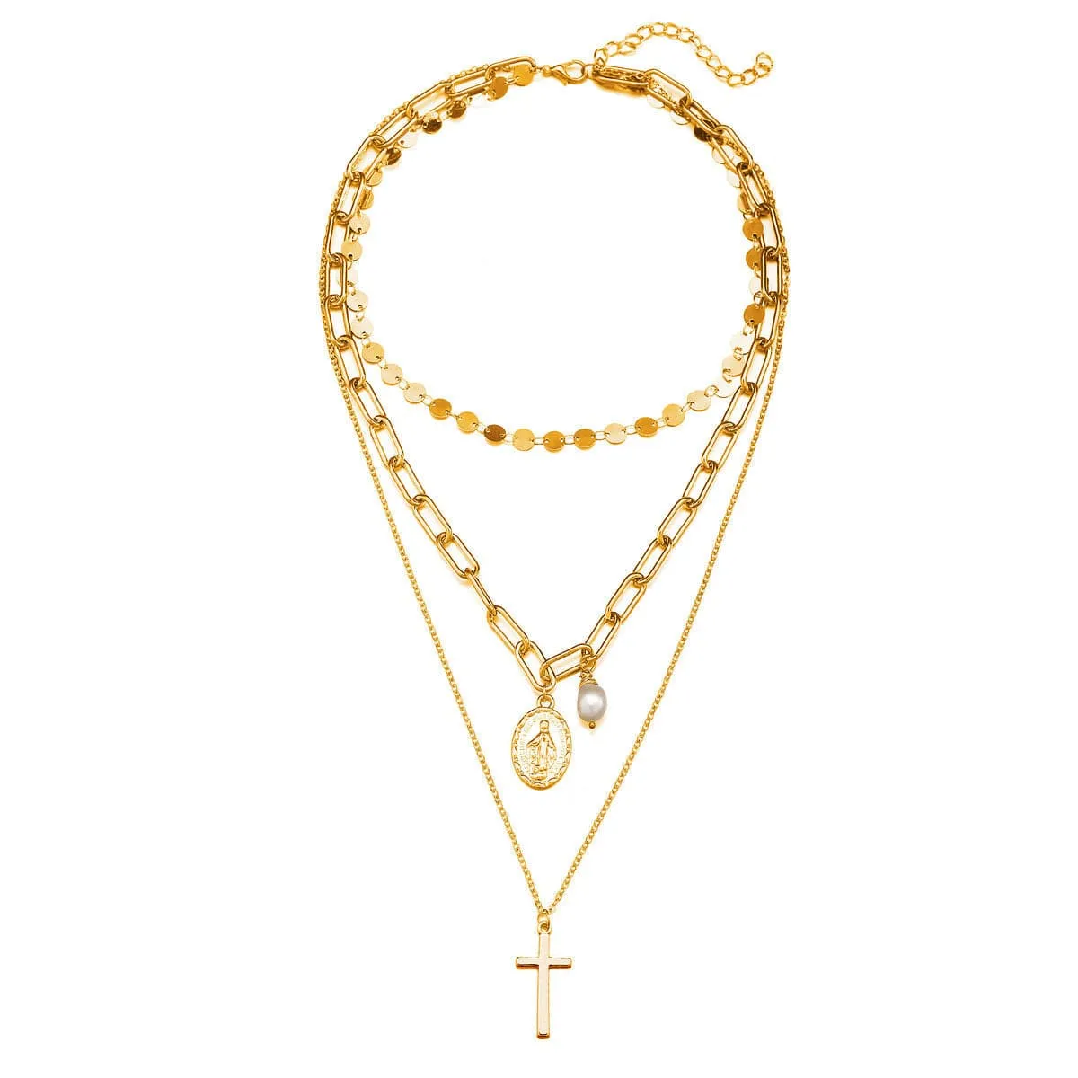 Pearl & 18K Gold-Plated Cross Layered Pendant Necklace