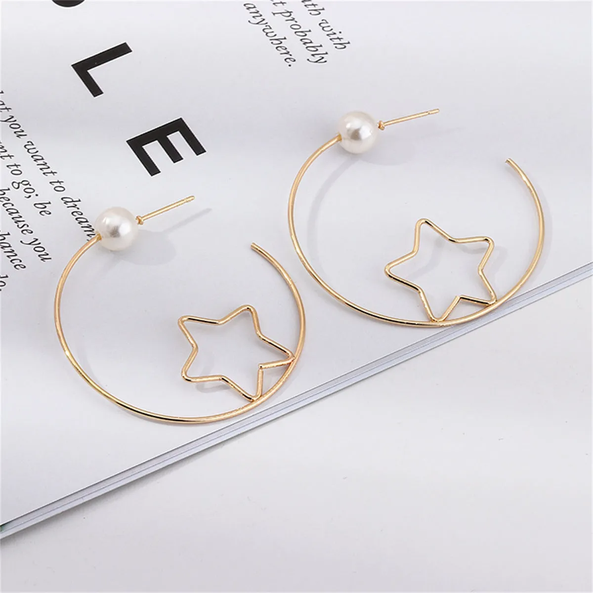 Pearl & 18K Gold-Plated Open Star Hoop Earrings