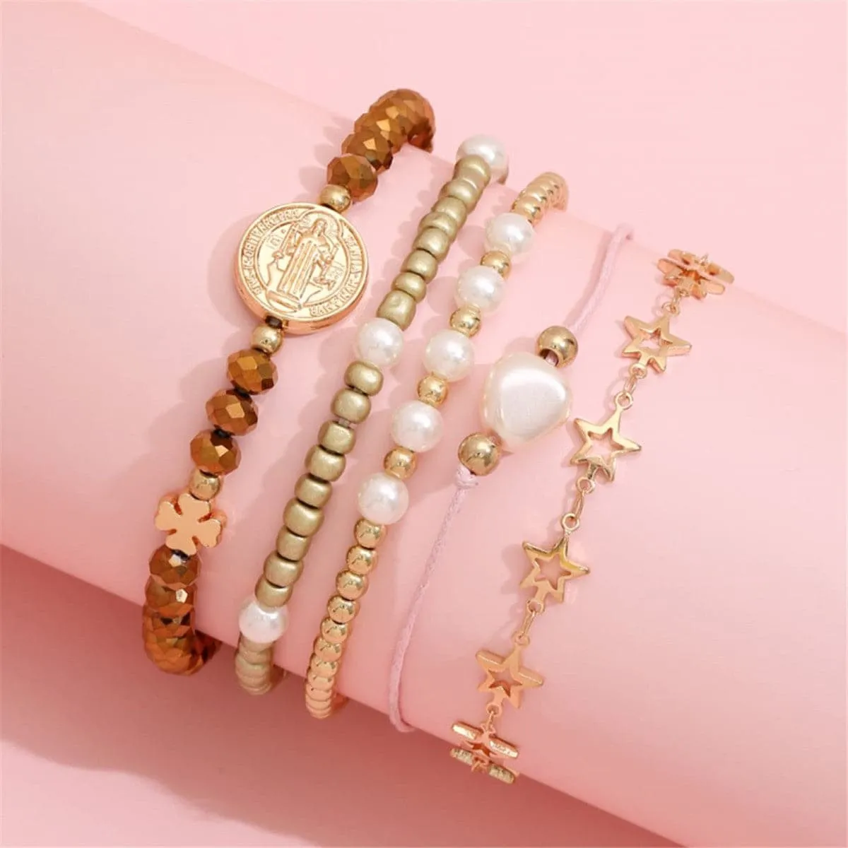 Pearl & 18K Gold-Plated Star Beaded Bracelet Set