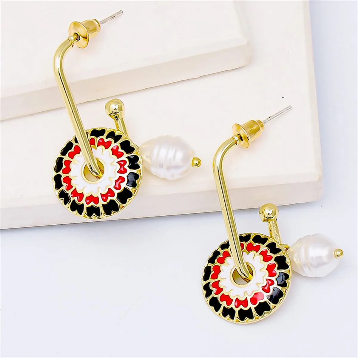 Pearl & Enamel 18K Gold-Plated Flower Drop Earrings