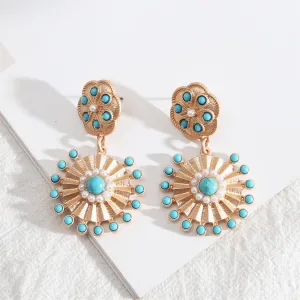 Pearl & Turquoise 18K Gold-Plated Sunflower Drop Earrings