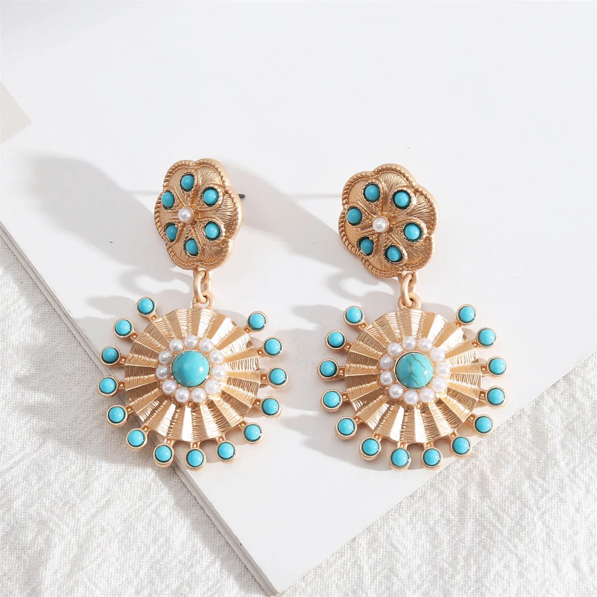 Pearl & Turquoise 18K Gold-Plated Sunflower Drop Earrings