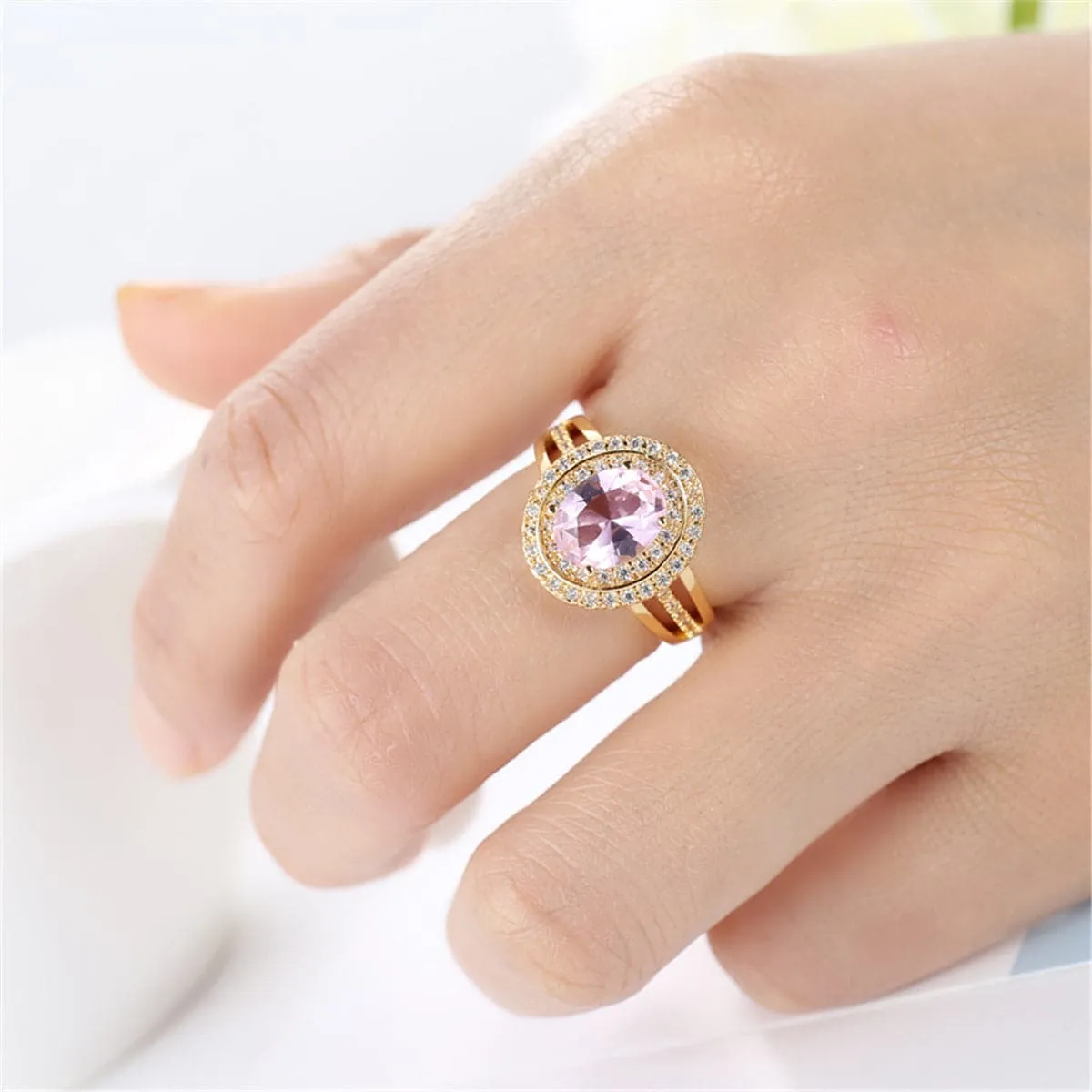 Pink Crystal & Cubic Zirconia Halo Ring
