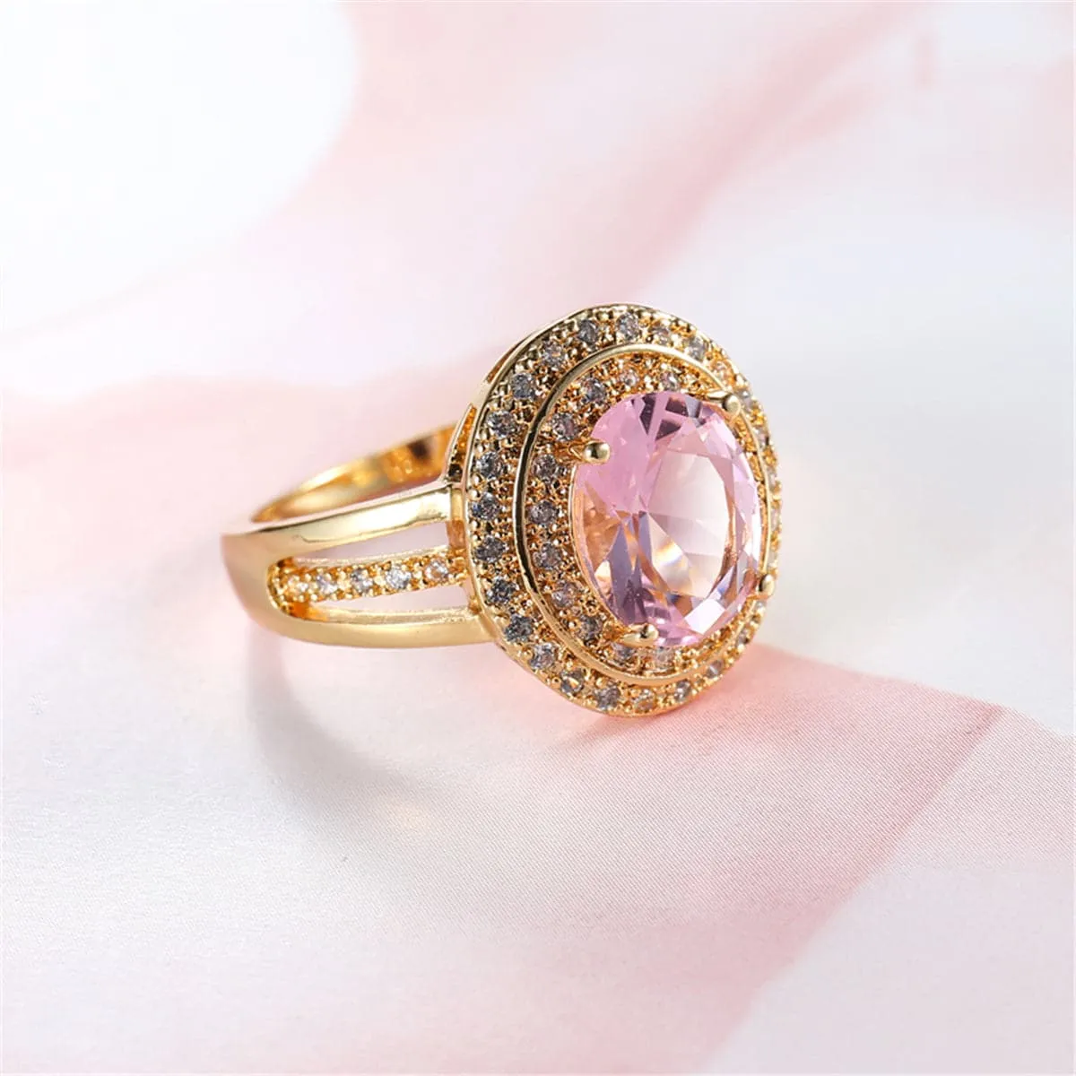 Pink Crystal & Cubic Zirconia Halo Ring