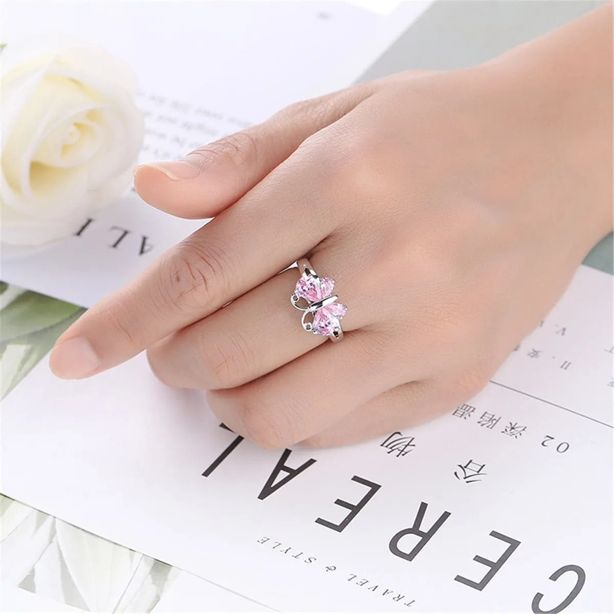 Pink Crystal & Silver-Plated Butterfly Ring