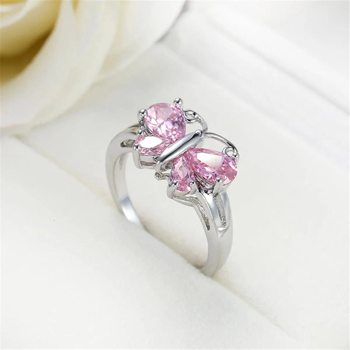 Pink Crystal & Silver-Plated Butterfly Ring