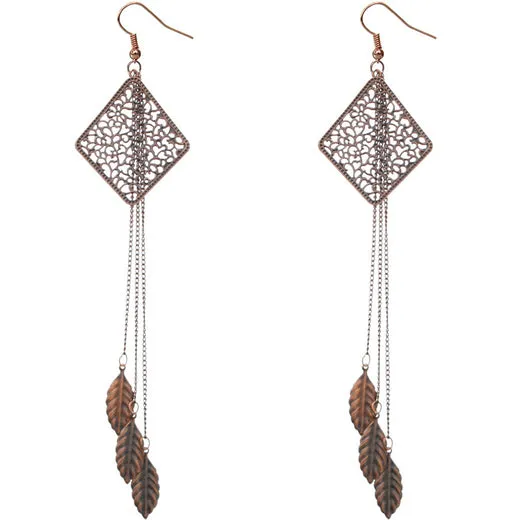 Pink Filigree Caged Leaf Chain Earrings