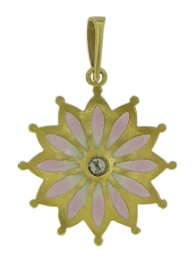 Plique A Jour Enameled Diamond Art Nouveau Pendant in 14 Karat Gold