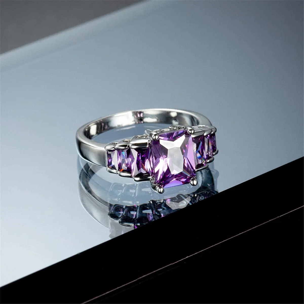 Purple Crystal & Silver-Plated Five-Stone Radiant-Cut Ring