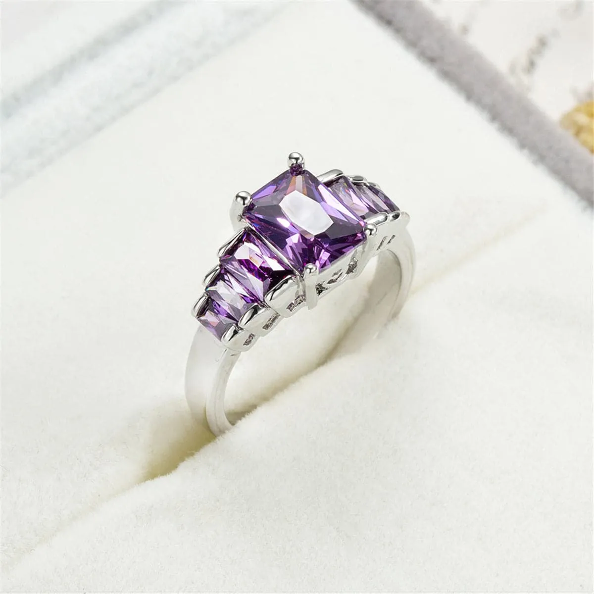 Purple Crystal & Silver-Plated Five-Stone Radiant-Cut Ring