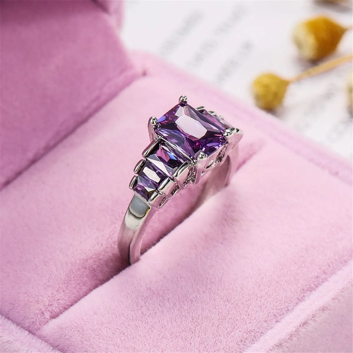 Purple Crystal & Silver-Plated Five-Stone Radiant-Cut Ring