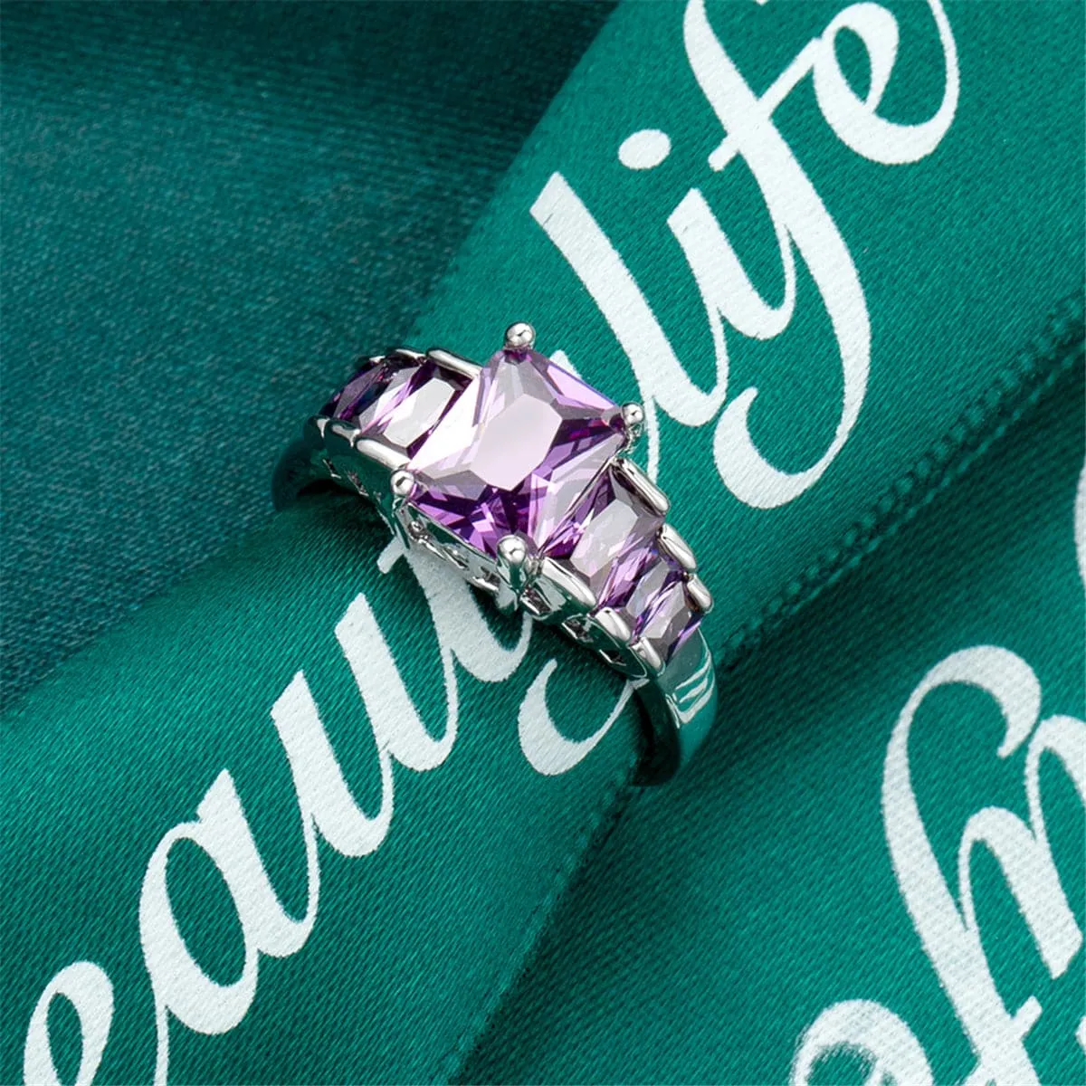 Purple Crystal & Silver-Plated Five-Stone Radiant-Cut Ring
