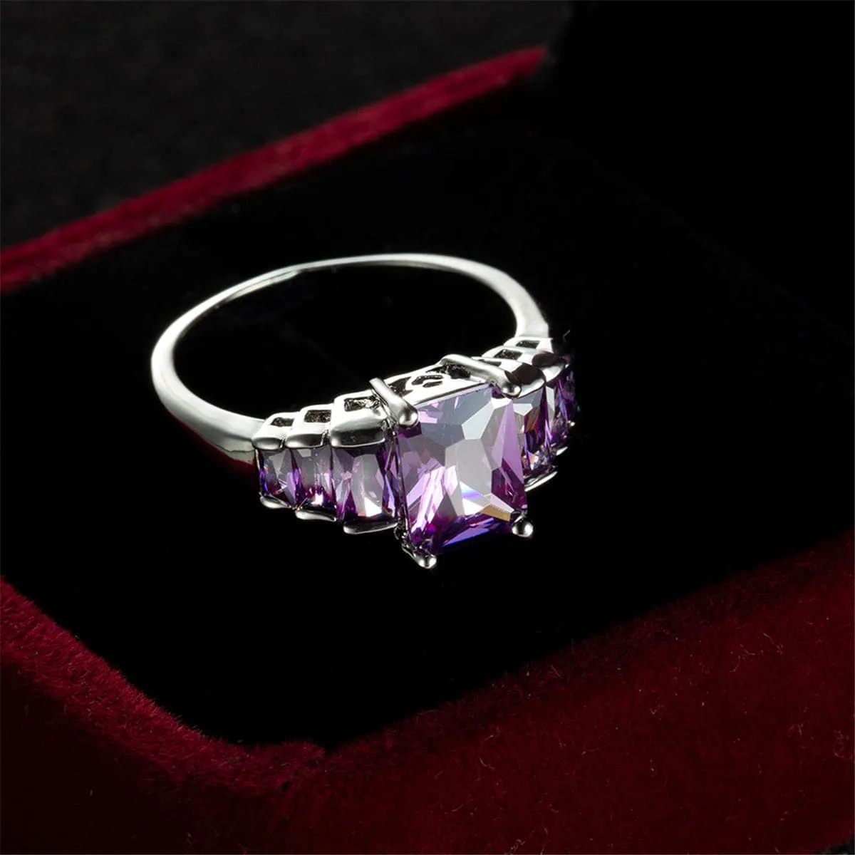 Purple Crystal & Silver-Plated Five-Stone Radiant-Cut Ring
