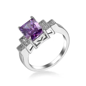 Purple Cubic Zirconia & Silver-Plated Rectangle Ring