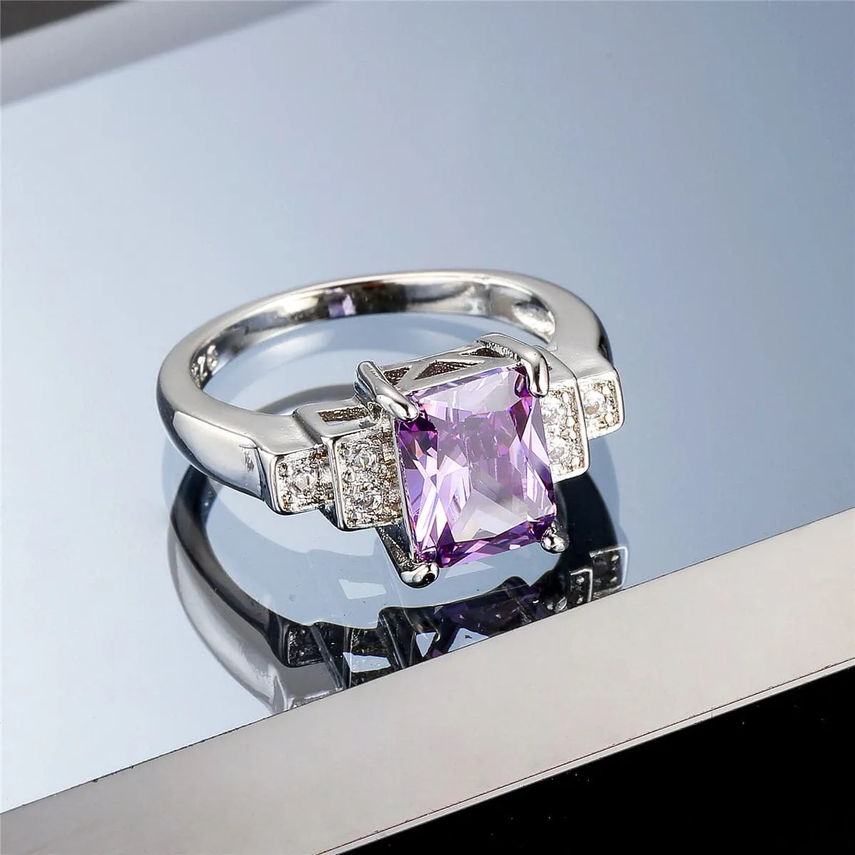 Purple Cubic Zirconia & Silver-Plated Rectangle Ring