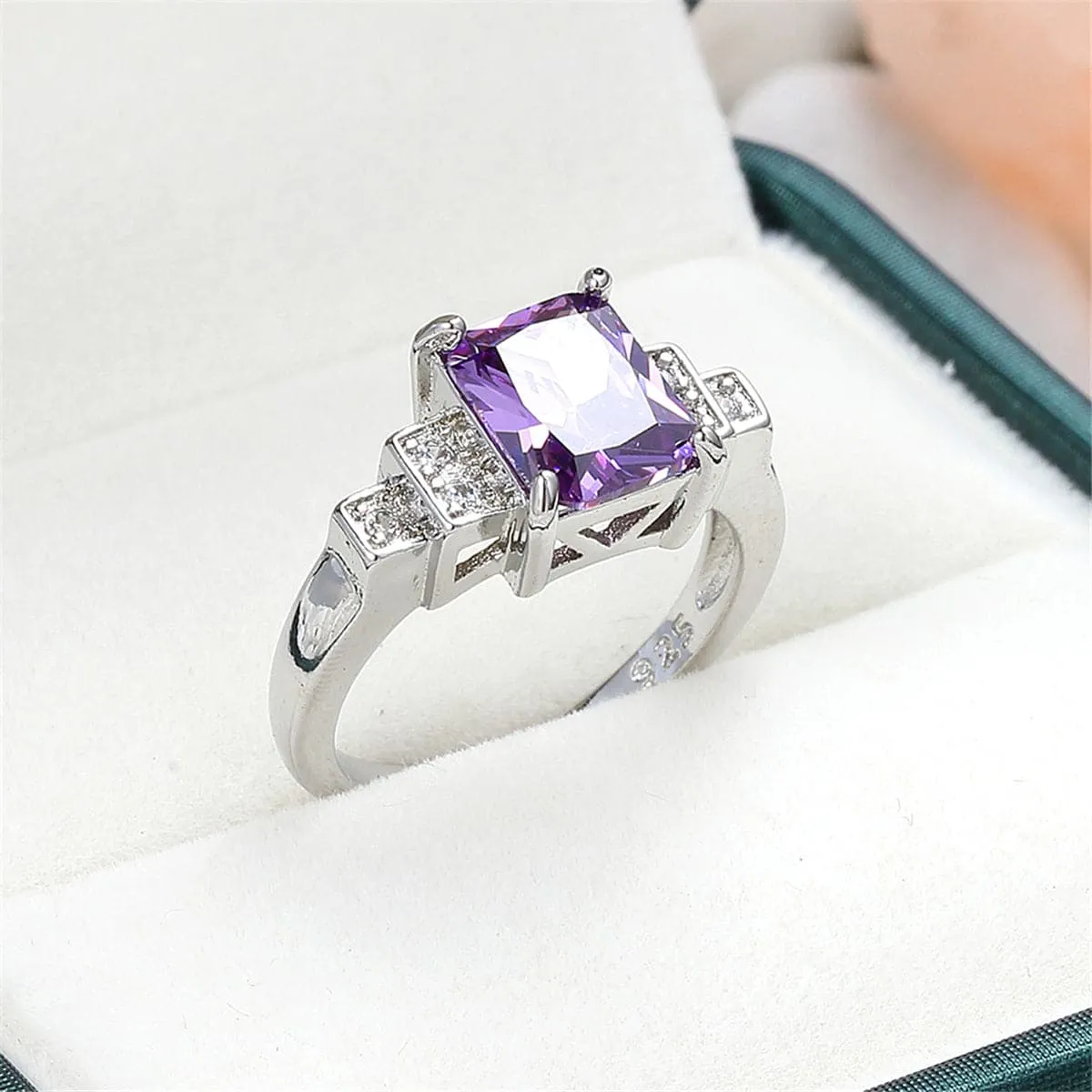 Purple Cubic Zirconia & Silver-Plated Rectangle Ring
