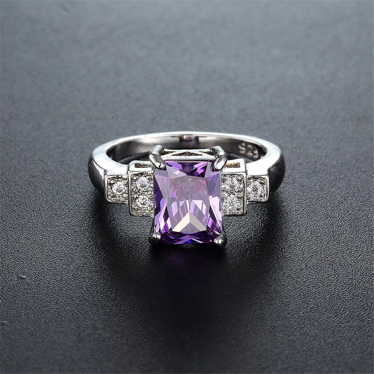 Purple Cubic Zirconia & Silver-Plated Rectangle Ring