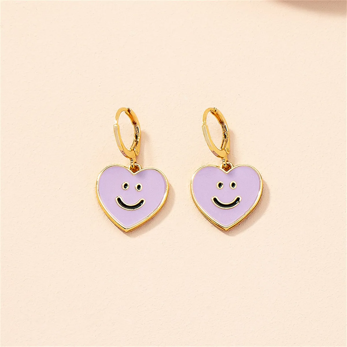Purple Enamel & 18K Gold-Plated Smiley Heart Huggie Drop Earrings