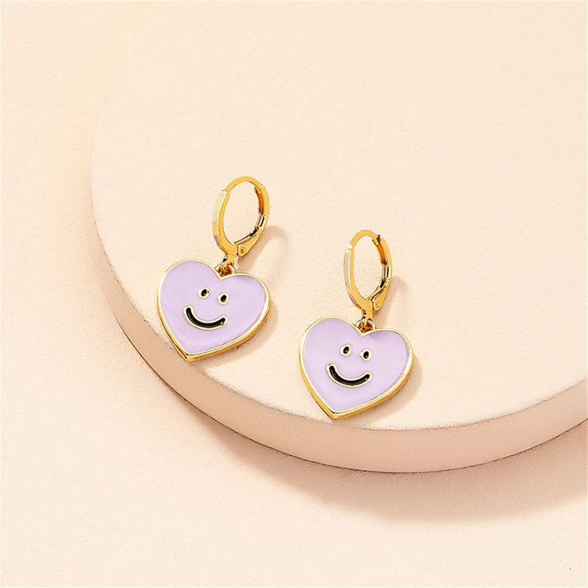 Purple Enamel & 18K Gold-Plated Smiley Heart Huggie Drop Earrings