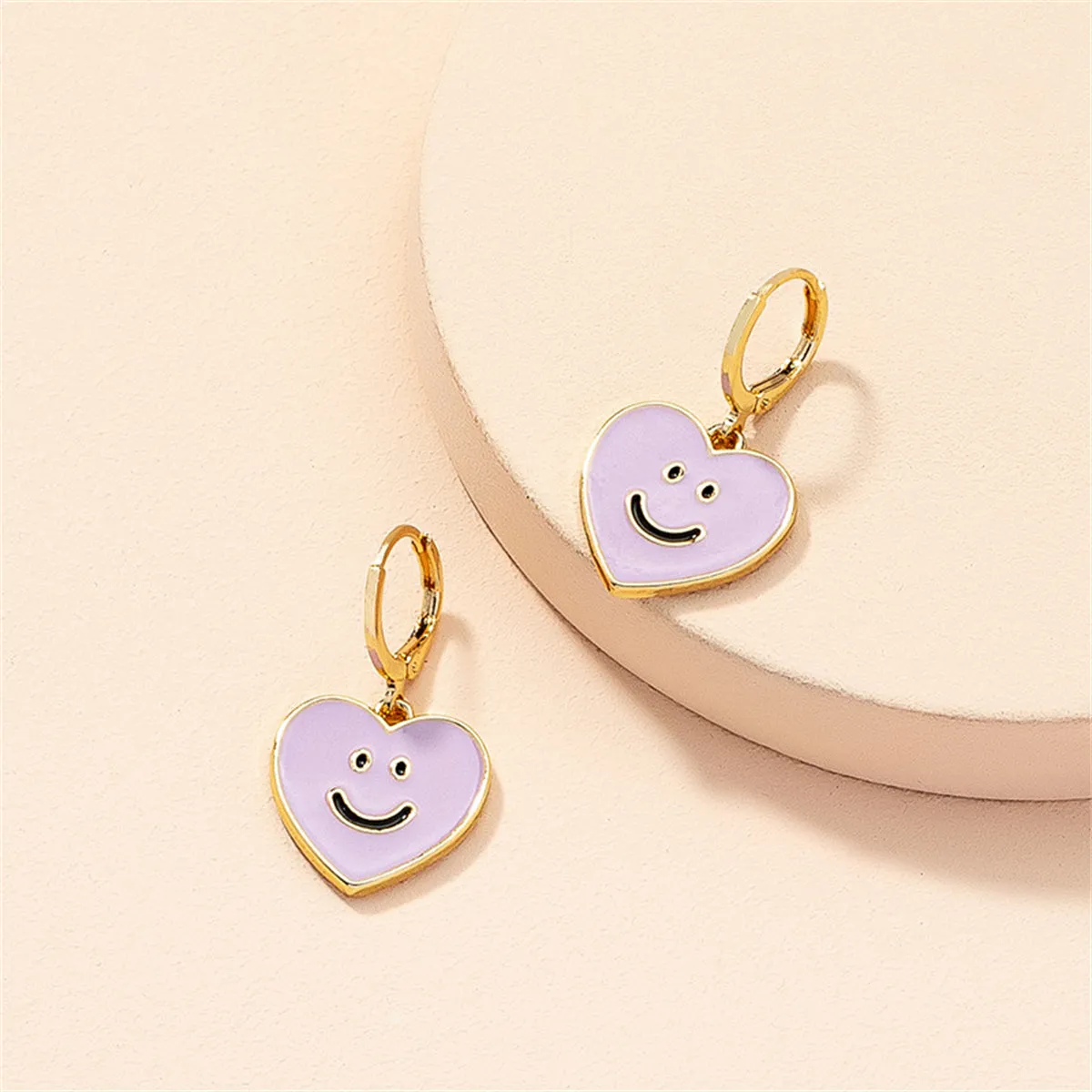 Purple Enamel & 18K Gold-Plated Smiley Heart Huggie Drop Earrings