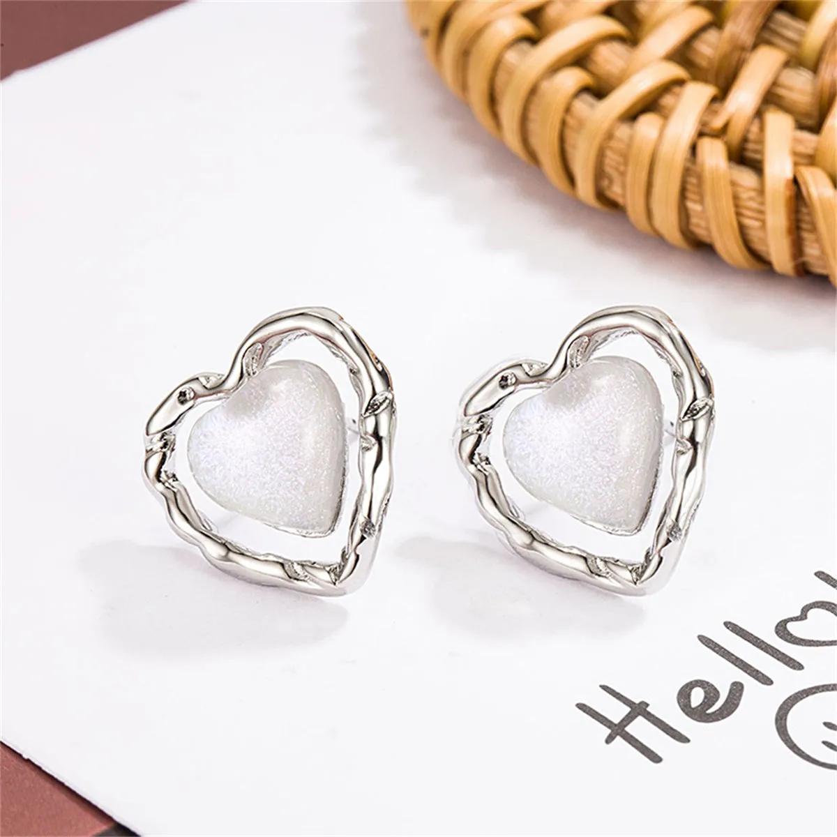 Quartz & Silver-Plated Openwork Heart Stud Earrings