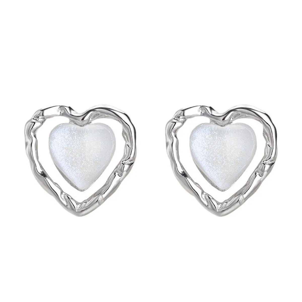 Quartz & Silver-Plated Openwork Heart Stud Earrings