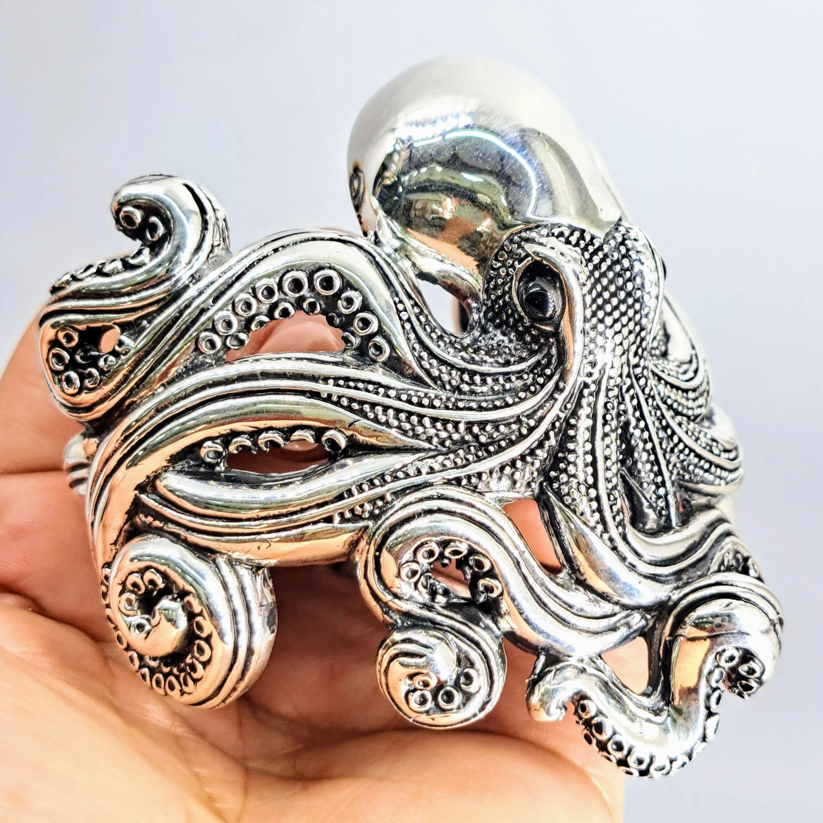 "The Kraken" Sz Med to Lg Bracelet - Sterling Silver, Onyx Eyes