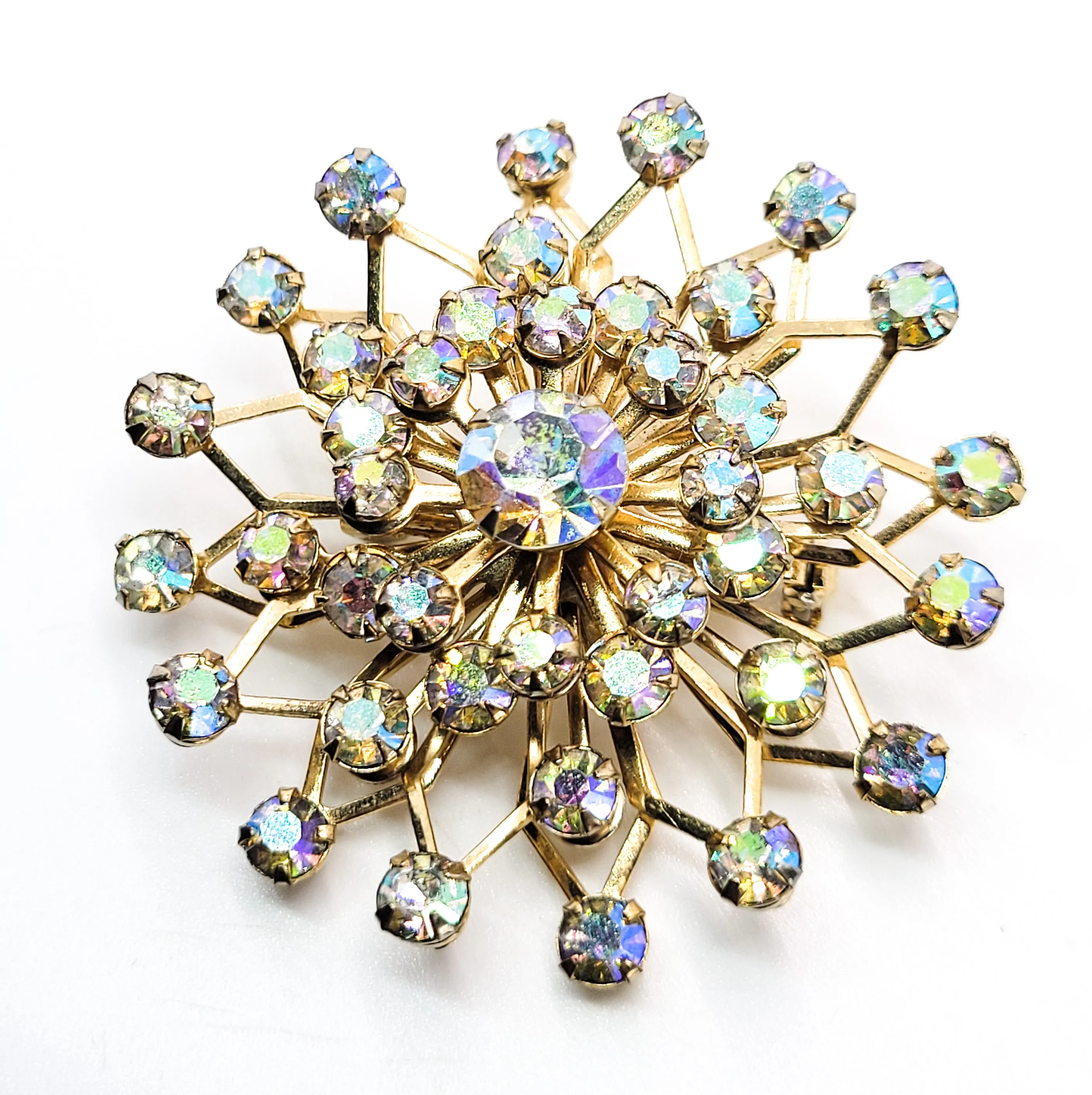 Rainbow aurora borealis AB gold tone MCM vintage atomic rhinestone brooch