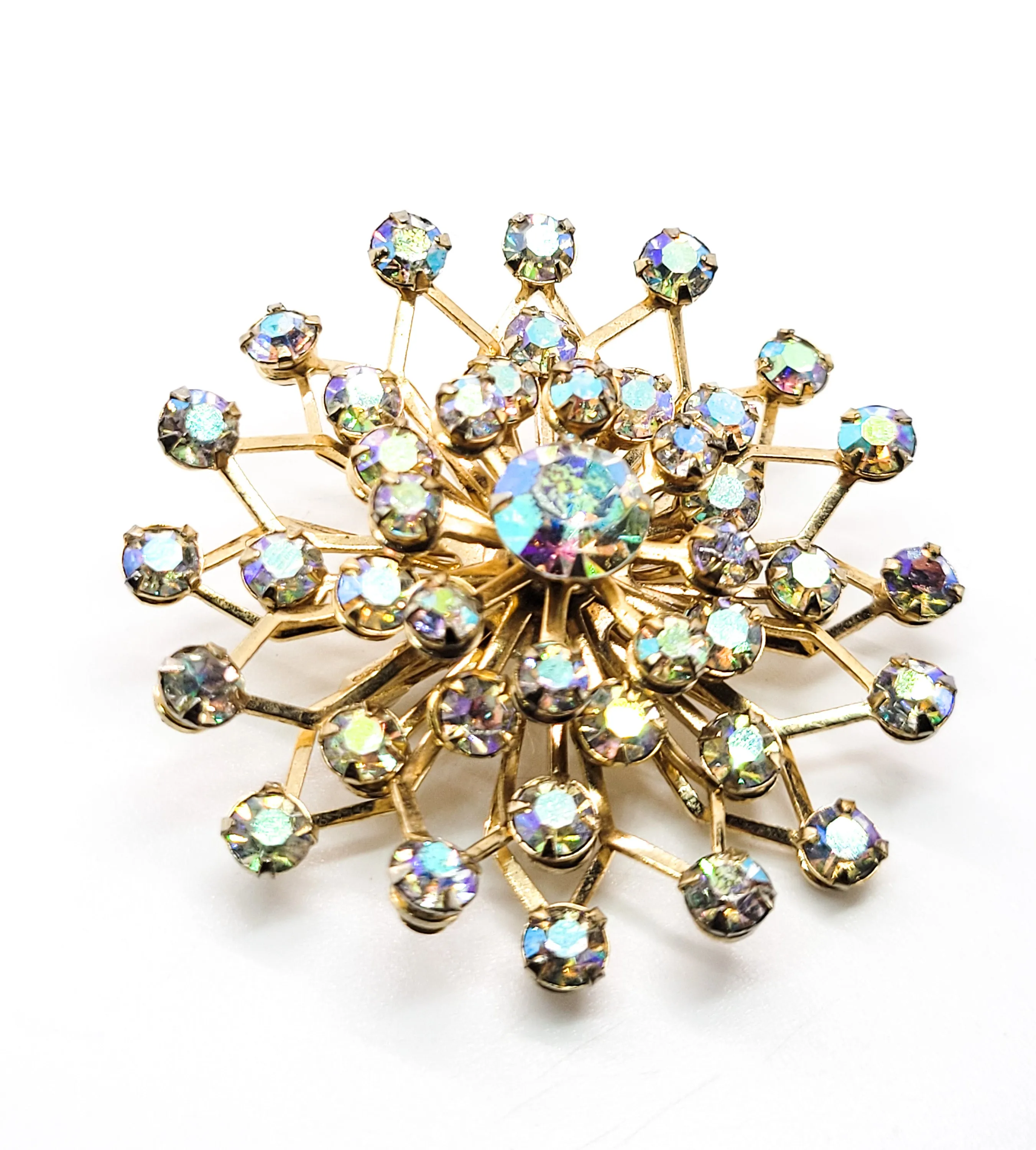 Rainbow aurora borealis AB gold tone MCM vintage atomic rhinestone brooch