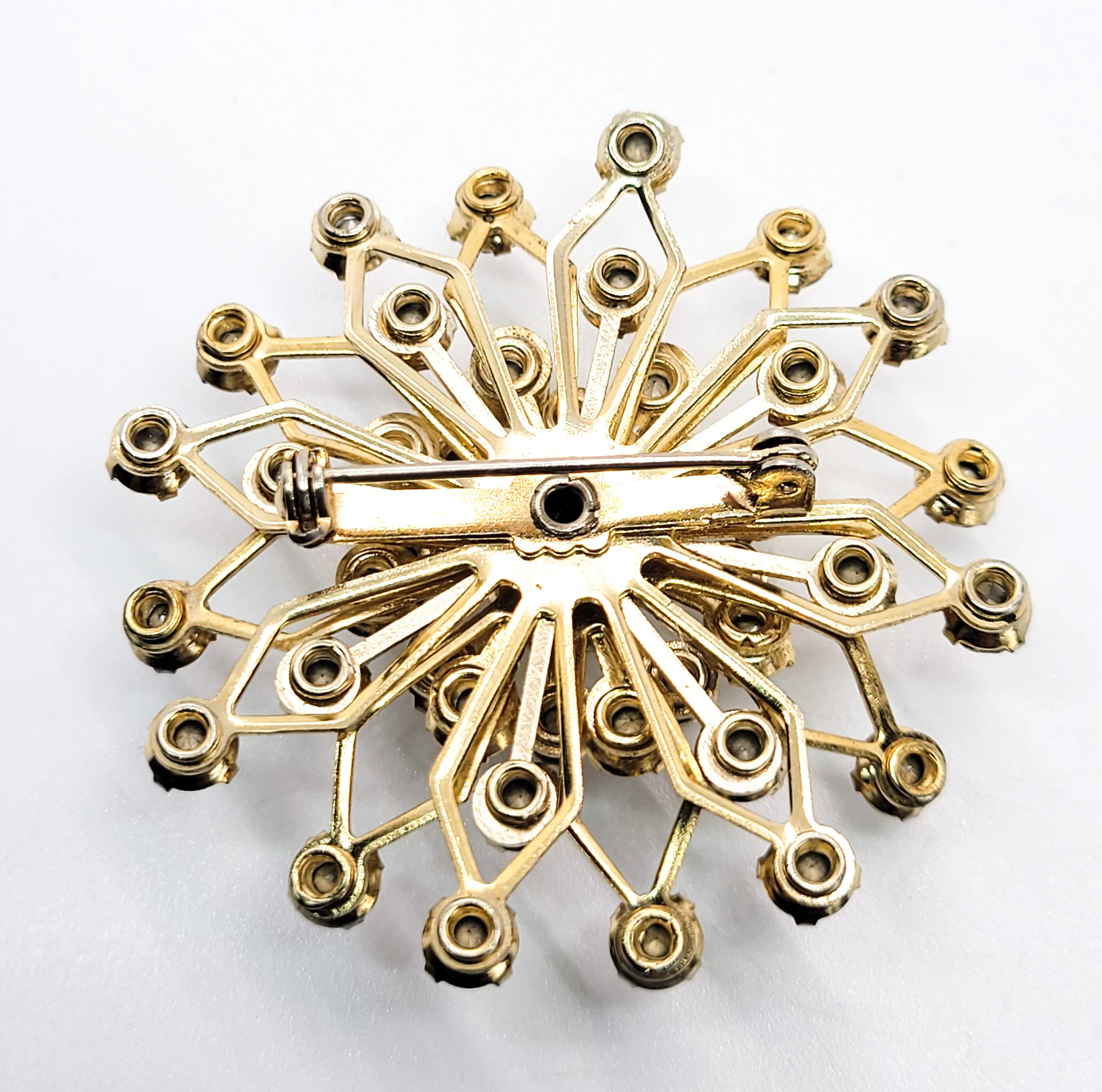 Rainbow aurora borealis AB gold tone MCM vintage atomic rhinestone brooch