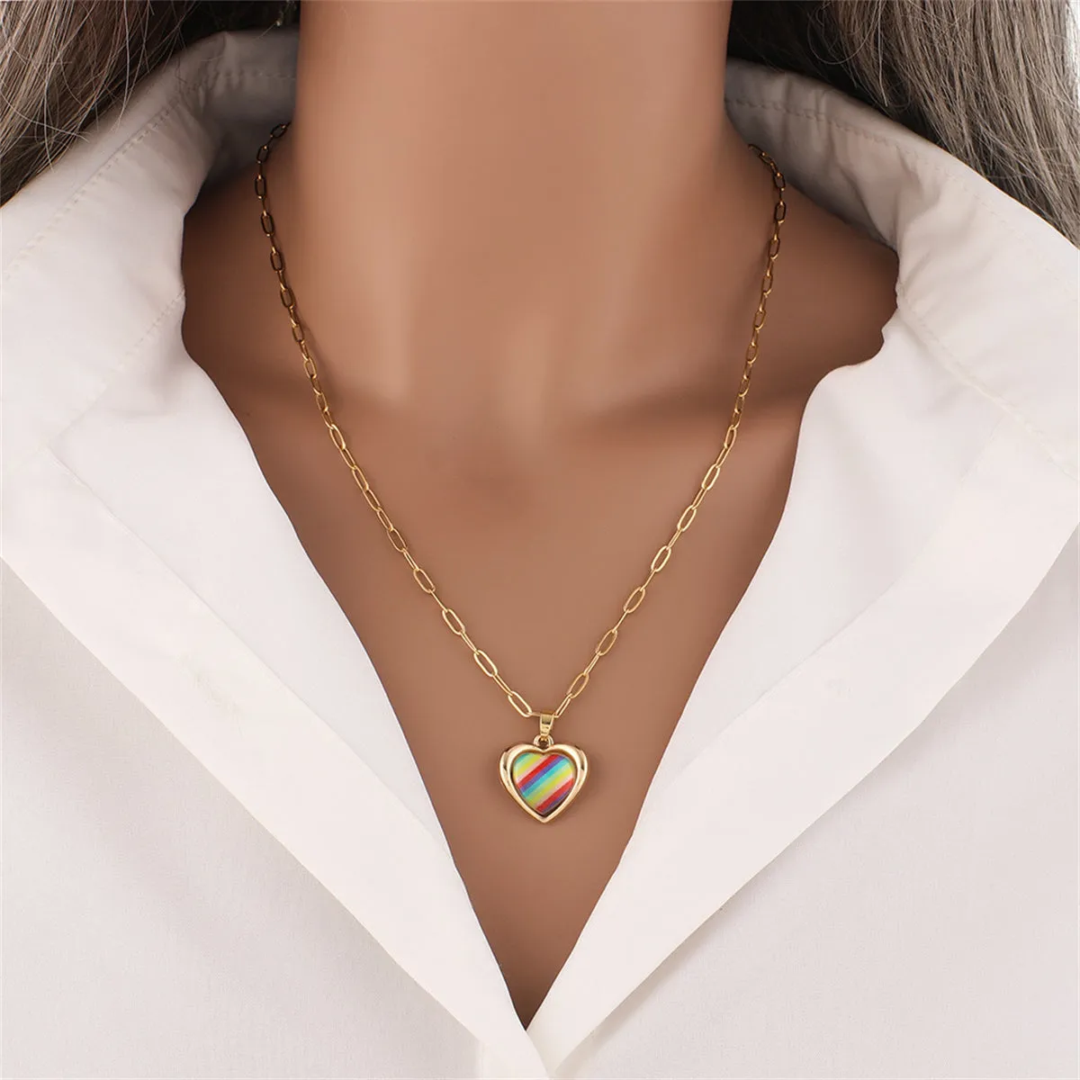 Red Acrylic & 18K Gold-Plated Stripe Heart Pendant Necklace