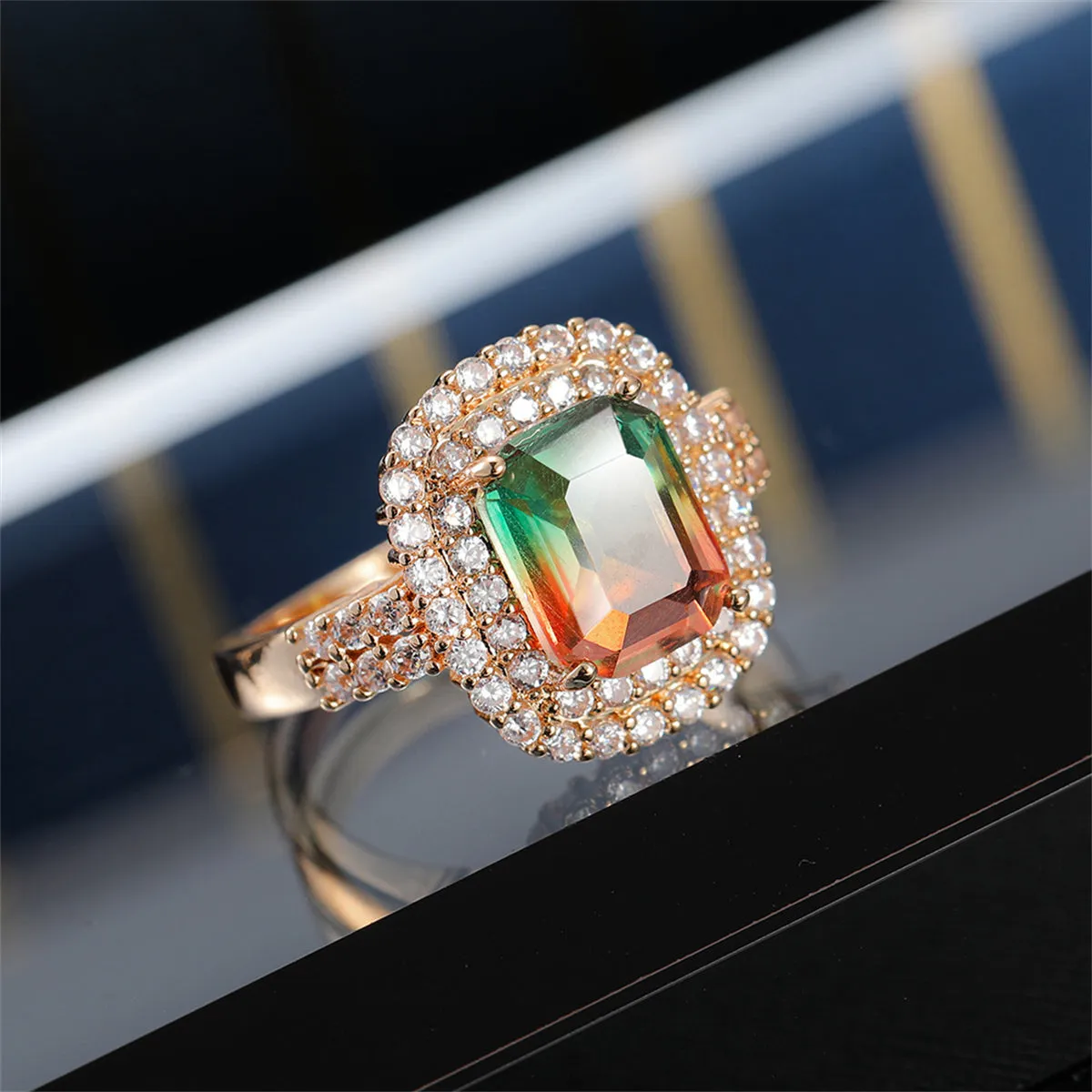 Red & Green Crystal Cubic Zirconia Layered Halo Ring